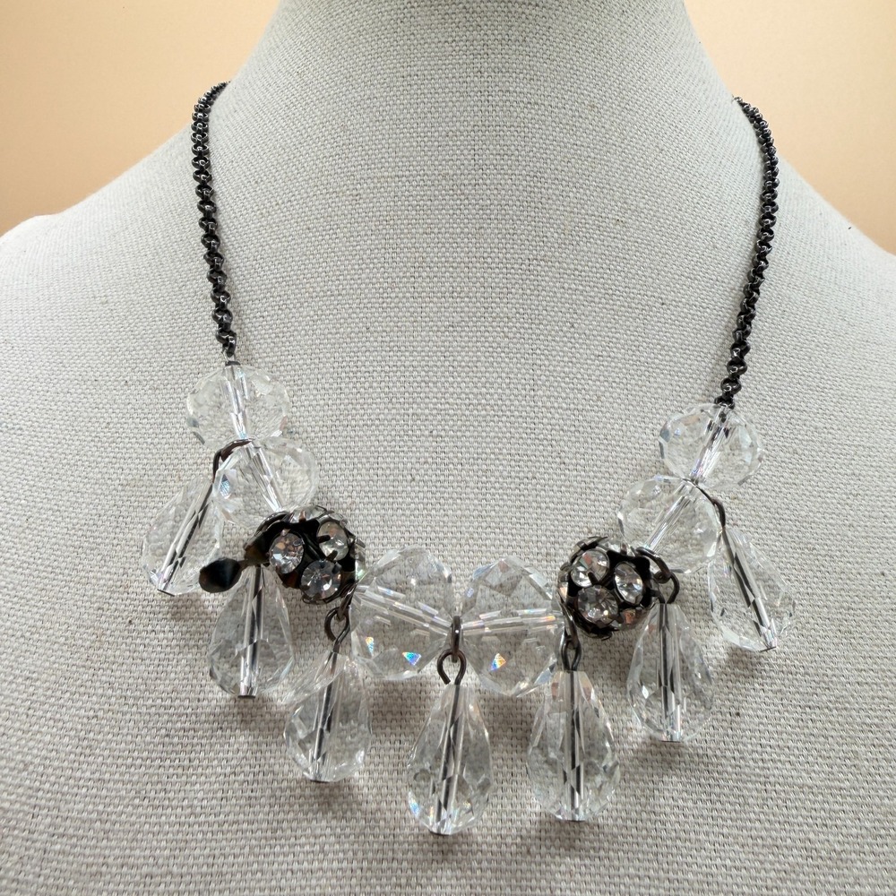 Liz Claiborne Clear Crystal Bead Bib Necklace Black Chain Rhinestone Statement